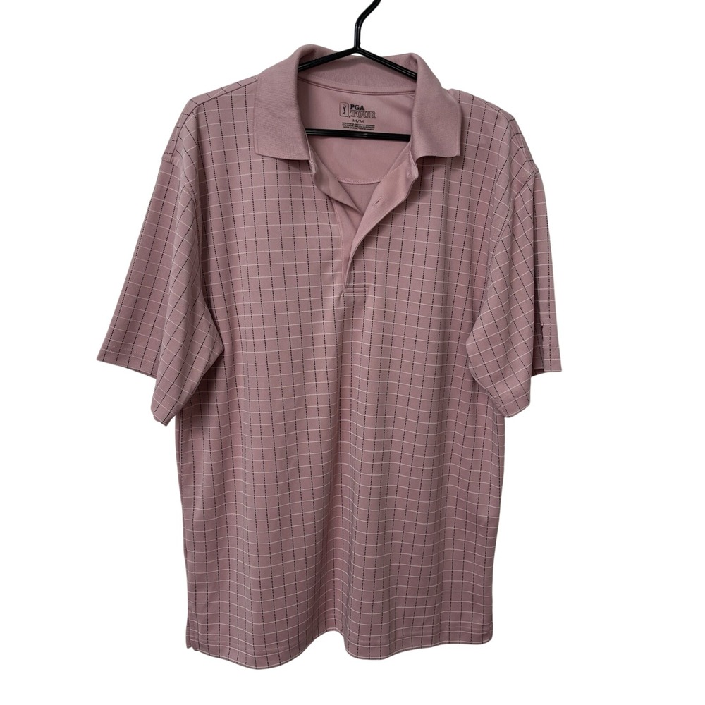 PGA Tour Golf‎ Polo Mens M Pink Grid Plaid Outdoor Performance
